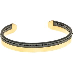 Metro Jewelry Gold Tone Stainless Steel and Stitched Genuine Leather Open Bangle Bracelet for Men 10MM 8.5 Inches Long