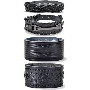 Akeoqi 4PCS فاسق الأساور الجلدية الأصلية رياضي السائق واسعة مشبك معصمه أساور الكفة اليدوية مضفر متشابكة التفاف سوار خمر القوطية الفايكنج مجموعات المجوهرات للرجال الأسود قابل للتعديل in Kuwait