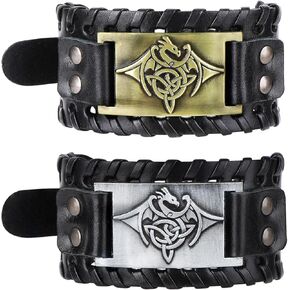 2 Pack Viking Bracelet with Dragon Symbol, Norse Pagan Totem Wristband for Men, Norse Decor Viking Jewelry Gift