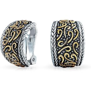 Bali Style Swirl Two Tone Wide Concave Half Hoop Clip On Earrings Non Pierced Ears Black Sliver Gold Plated Brass