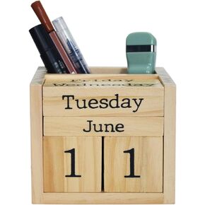 Wooden Blocks Perpetual Calendar with Pen Holder - Natural Pine Wood Home Office Desk Organizer -Reusable Date Week Month Accessories Tabletop Ornament