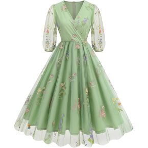Women Half Sleeve Flower Embroidery Tulle Prom Dress Formal Party Gown Wrap V Neck Flare A Line Wedding Guest Cocktail Dress