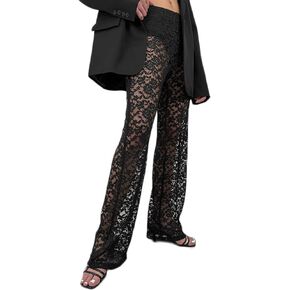 Women's Sexy See Through Lace Pants Transparent Sheer Mesh Straight Leg Pants Hollow Out Slim Trousers Cover Up Pants