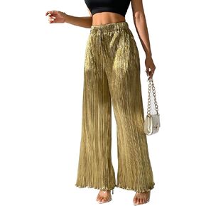 heipeiwa Women's Metallic Wide Leg Palazzo Pants Pleated Party Club Sequin Shiny Flare Pant Trouser