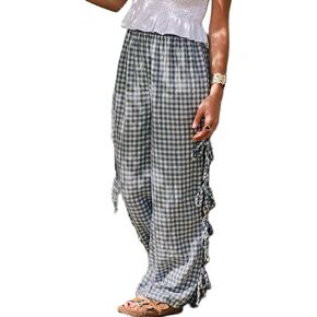 Sunloudy Women Y2K Wide Leg Gingham Pants Elastic High Waist Side Tie Loose Fit Plaid Trouser Lounge Pants