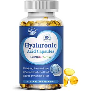 Nature's live Hyaluronic Acid Supplements, 1500mg High Bioavailable Dietary Hyaluronic Acid Capsules, Double Strength Skin Hydration, Joint Lubrication, Hair & Nails Support, 60 Softgels, 2 Pack
