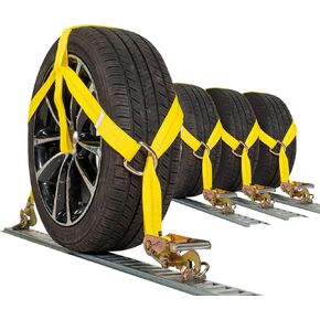 US Cargo Control Adjustable Tow Dolly Basket Straps with Twisted Snap Hooks and Ratchets (4-Pack), Tow Dolly Straps Fit Tires 14-20 Inches, 12,000 LBS Break Strength, Tire Bonnet Straps to Haul & Tow