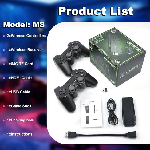 M8 Retro Game-Stick, Revisit Classic Games with Built-in 9 Emulators, 20,000+ Games, 4K HDMI Output, and 2.4GHz Wireless Controller for TV Plug and Play, 64GB in Saudi Arabia