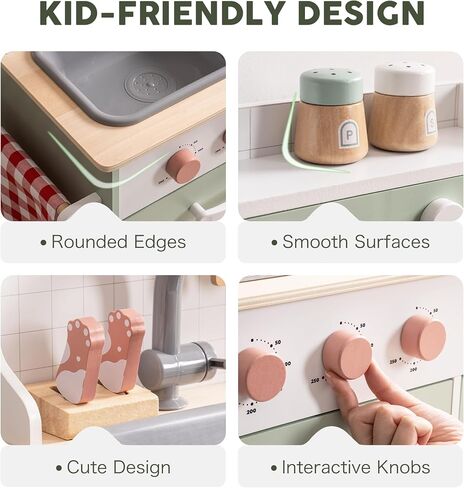 ROBOTIME Play Kitchen Set for Kids Toddlers, Wooden Kids Play Kitchen Playset with Real Lights & Sounds, Pretend Toddler Kitchen Gift for Girls Boys Age 3+ in Saudi Arabia