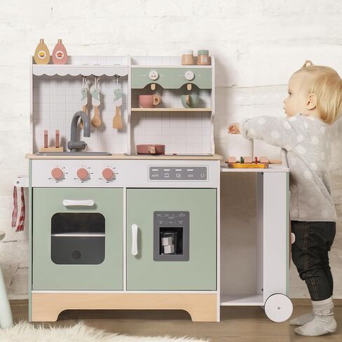 ROBOTIME Play Kitchen Set for Kids Toddlers, Wooden Kids Play Kitchen Playset with Real Lights & Sounds, Pretend Toddler Kitchen Gift for Girls Boys Age 3+ in Saudi Arabia