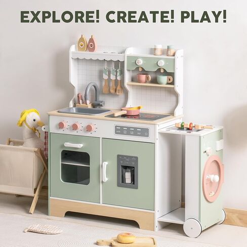ROBOTIME Play Kitchen Set for Kids Toddlers, Wooden Kids Play Kitchen Playset with Real Lights & Sounds, Pretend Toddler Kitchen Gift for Girls Boys Age 3+ in Saudi Arabia