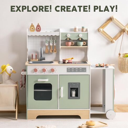 ROBOTIME Play Kitchen Set for Kids Toddlers, Wooden Kids Play Kitchen Playset with Real Lights & Sounds, Pretend Toddler Kitchen Gift for Girls Boys Age 3+ in Saudi Arabia