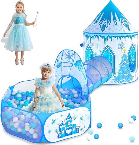 3 in 1 Girls Frozen Play Tent for Kids: Pop Up Baby Playhouse with Toddlers Crawl Tunnel, Ball Pit and Princess Castle Tent - Children Play Tent Frozen Toys Indoor and Outdoor Game for Birthday Gift in Saudi Arabia