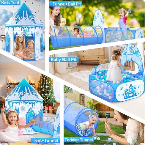 3 in 1 Girls Frozen Play Tent for Kids: Pop Up Baby Playhouse with Toddlers Crawl Tunnel, Ball Pit and Princess Castle Tent - Children Play Tent Frozen Toys Indoor and Outdoor Game for Birthday Gift in Saudi Arabia