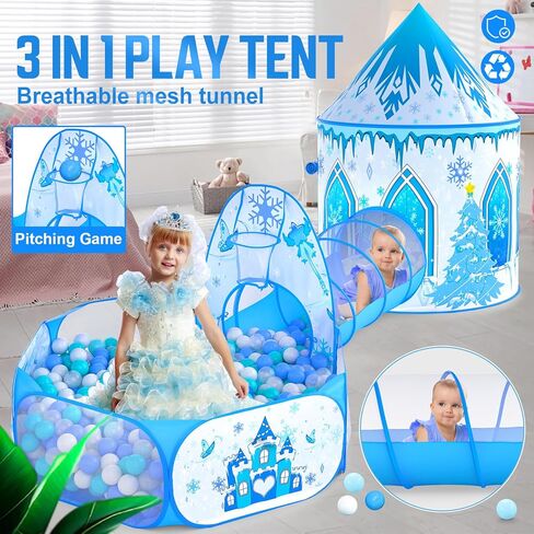 3 in 1 Girls Frozen Play Tent for Kids: Pop Up Baby Playhouse with Toddlers Crawl Tunnel, Ball Pit and Princess Castle Tent - Children Play Tent Frozen Toys Indoor and Outdoor Game for Birthday Gift in Saudi Arabia