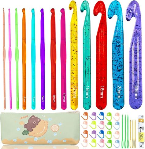 BsHooker 13 Size Crochet Hooks Set,Plastic Crystal Crochet Hook with Case,Large Crochet Hooks for Chunky Yarn Ergonomic Knitting Needles Crochet Needle for Beginners and Crocheting Yarn,3.0mm -25mm in Kuwait