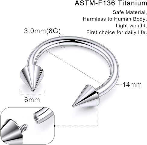 20G 18G 16G 14G 12G 8G 6G 4G 2G ASTM F136 التيتانيوم خيط داخلي حدوة الحصان خاتم الحاجز الدائري الحديد الحلزون الزنمة روك Daith الغضروف القرط الشفاه الدائري ثقب المجوهرات in Kuwait