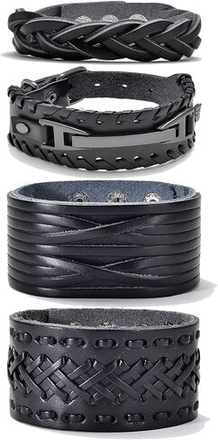 Akeoqi 4PCS فاسق الأساور الجلدية الأصلية رياضي السائق واسعة مشبك معصمه أساور الكفة اليدوية مضفر متشابكة التفاف سوار خمر القوطية الفايكنج مجموعات المجوهرات للرجال الأسود قابل للتعديل in Kuwait