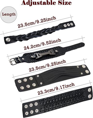 Akeoqi 4PCS فاسق الأساور الجلدية الأصلية رياضي السائق واسعة مشبك معصمه أساور الكفة اليدوية مضفر متشابكة التفاف سوار خمر القوطية الفايكنج مجموعات المجوهرات للرجال الأسود قابل للتعديل in Kuwait