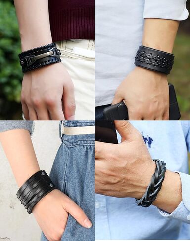 Akeoqi 4PCS فاسق الأساور الجلدية الأصلية رياضي السائق واسعة مشبك معصمه أساور الكفة اليدوية مضفر متشابكة التفاف سوار خمر القوطية الفايكنج مجموعات المجوهرات للرجال الأسود قابل للتعديل in Kuwait
