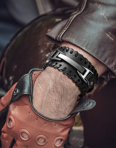 Akeoqi 4PCS فاسق الأساور الجلدية الأصلية رياضي السائق واسعة مشبك معصمه أساور الكفة اليدوية مضفر متشابكة التفاف سوار خمر القوطية الفايكنج مجموعات المجوهرات للرجال الأسود قابل للتعديل in Kuwait