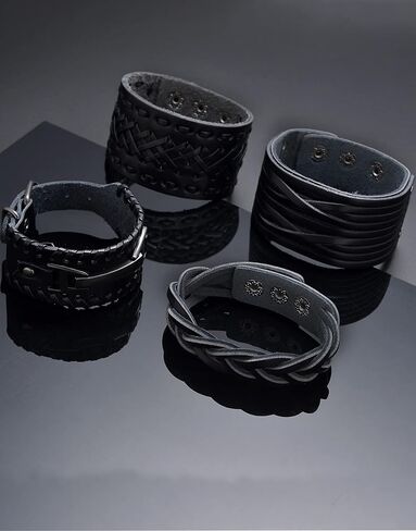 Akeoqi 4PCS فاسق الأساور الجلدية الأصلية رياضي السائق واسعة مشبك معصمه أساور الكفة اليدوية مضفر متشابكة التفاف سوار خمر القوطية الفايكنج مجموعات المجوهرات للرجال الأسود قابل للتعديل in Kuwait
