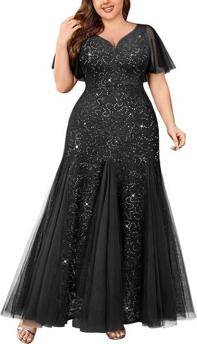 Miusol Women's Plus Size Sequins Lace Tulle Mermaid Hemline Sweetheart V Neck Formal Evening Party Maxi Dress in Saudi Arabia
