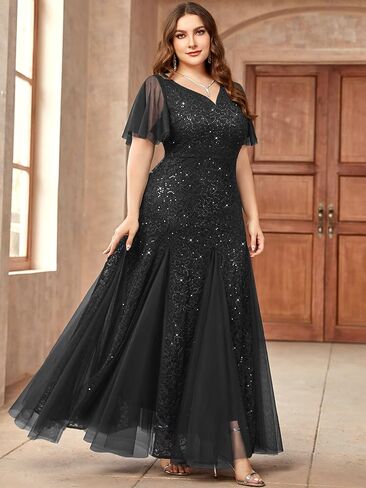 Miusol Women's Plus Size Sequins Lace Tulle Mermaid Hemline Sweetheart V Neck Formal Evening Party Maxi Dress in Saudi Arabia