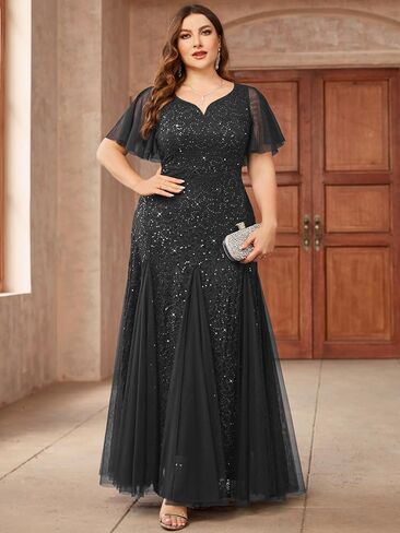 Miusol Women's Plus Size Sequins Lace Tulle Mermaid Hemline Sweetheart V Neck Formal Evening Party Maxi Dress in Saudi Arabia