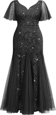 Miusol Women's Plus Size Sequins Lace Tulle Mermaid Hemline Sweetheart V Neck Formal Evening Party Maxi Dress in Saudi Arabia