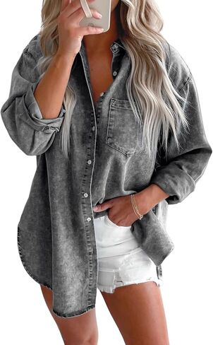 Astylish Womens Denim Shirt Button Down V Neck Long Sleeve Blouse Casual Top in Kuwait