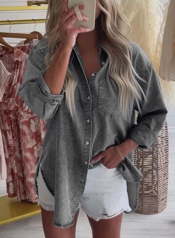 Astylish Womens Denim Shirt Button Down V Neck Long Sleeve Blouse Casual Top in Kuwait