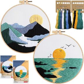 2 Set Embroidery Kit DIY for Adult Beginner, Pre-Stamped Patterns Mountain Sea Embroidery Kits with Hoop, Colored Threads and Needles, Easy to Follow Needlework (Blue)