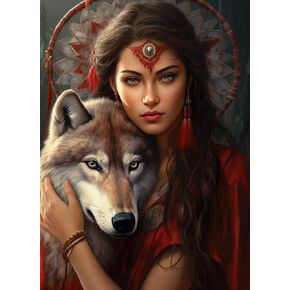 5D Diamond Art Painting Kits for Adults American Native Indian Girl with Wolves Round Full Drill Diamond Art for Wall Decoration Gift 12x16 inch