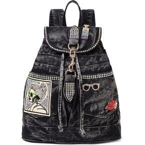 Fashion Denim Backpack Purse for Women Jean Bags With Rhinestones Decorations Casual Daypacks (With Beach Glasses Black)