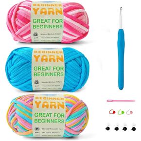 3 * 50 جم/1.76 أونصة من خيوط الحياكة والحياكة، 3 * 60 ياردة من خيوط المبتدئين مع غرز سهلة الرؤية؛ Worsted-Weight Medium #4؛ طقم كروشيه صديق للأميجورومي (بتلة + أزرق + وردي مرح) in Kuwait