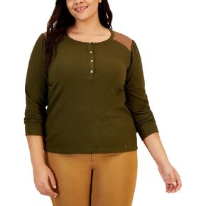 Tommy Hilfiger Womens Plus Waffle Knit Thermal Henley Green 3X