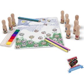 Melissa & Doug Deluxe Happy Handle: Wooden Stamp Set & 1 Scratch Art Mini-Pad Bundle (02306)