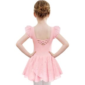 Zaclotre Girls Ruffle Sleeve Ballet Leotards with Skirt Crisscross Back Shiny Dance Leotard Toddler size 3-11