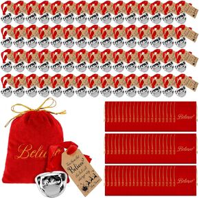 24 Sets Polar Santa Sleigh Bell Christmas Ornaments Bulk Party Favors Red Velvet Bag Tags Tree Decor Keepsake (Silver)