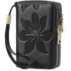 GOIACII Women's Wallet Double Zip Around Credit Card Holder Ladies Wallet Rfid Blocking Wristlet Purse Medium Size Leather Black