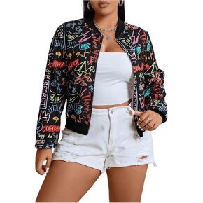 MakeMeChic Women's Plus Size Lightweight Floral Long Sleeve Zip Up Bomber Jacket Outwear