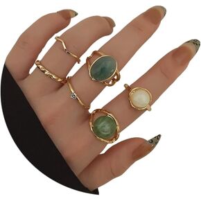 Rrdaily Boho Knuckle Ring Sets for Women,Gold Green Gem Stackable Rings Vintage Green Knuckle Gems Rings Good Luck Midi Finger Rings Aesthetic Statement Thumb Rings Set Jewelry Gifts