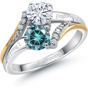 Gem Stone King 925 Silver and 10K Yellow Gold Customized and Personalized 5MM Round 2 Stone Gemstone Birthstone and White Lab Grown Diamond Accent Engagement Ring