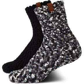 Calvin Klein Women's Fuzzy Crew Socks - 2 Pack Popcorn Texture Lounge Fluffy Warm Socks - Indoor Slipper Cozy Socks for Women