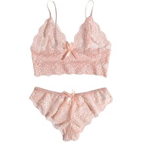 MakeMeChic Women's Floral Lace V Neck Scallop Trim Bow Front Babydoll Bra and Panty Sets Naughty Lingerie