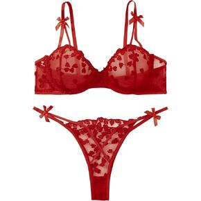 Sexy Womens Lingerie Set Floral Embroidered Underwire G-String Cute Mesh Sheer Bra And Panty Sets For Women