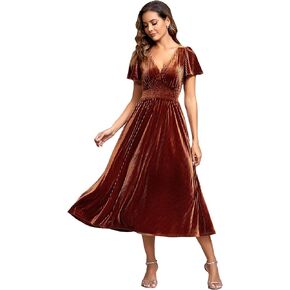 فستان نسائي من Ever-Pretty برقبة على شكل حرف V مخملي متوسط ​​الطول وأكمام واسعة مكشكشة لحفلات الكوكتيل ووصيفة العروس in Kuwait