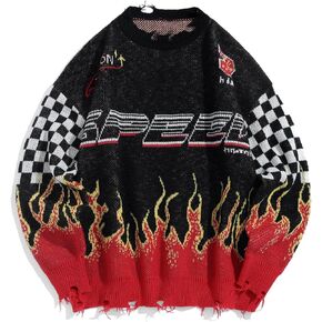 ZAFUL Men's Oversized Sweater Y2K Aesthetic Flame Graphic Crewneck Knit Pullover Unisex Casual Sweaters