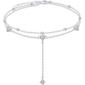 925 Sterling Silver Ankle Bracelet for Women Heart Multilayer Anklets Dainty Beaded Chain Adjustable 9+1 Inches for Summer Cute Beach Foot Jewelry